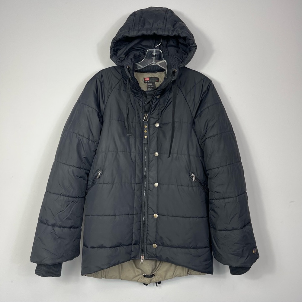 Diesel Woman’s Puffer Jacket Black High Low Hooded Insulated Winter Coat M - Picture 8 of 16